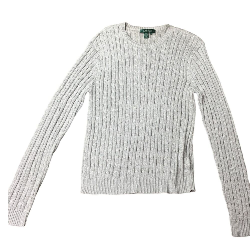 Lauren Ralph Lauren Womens Cable Knit Silk Blend Pullover Sweater Gray XL